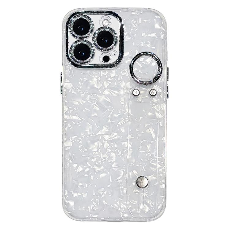 Custodia per telefono in TPU con cinturino da polso e pellicola protettiva per obiettivo, con texture a guscio placcato., For iPhone 15 Pro Max, For iPhone 15 Pro, For iPhone 15, For iPhone 14, For iPhone 14 Pro, For iPhone 14 Pro Max