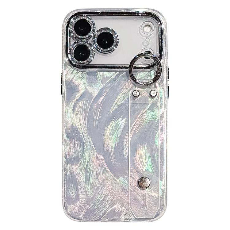 Custodia per telefono in TPU con cinturino da polso e pellicola protettiva per obiettivo, con texture a garza effetto piuma placcata., For iPhone 17 Pro Max, For iPhone 17 Pro, For iPhone 17, For iPhone Air, For iPhone 16 Pro Max, For iPhone 16 Pro
