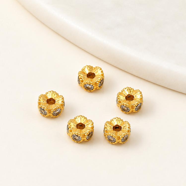 Confezione da 5 perline distanziatrici con foro e zirconi incastonati, placcate in oro, per la creazione di gioielli fai da te., Honeycomb Coin Zircon 4.5mm, Dual-Hole Zircon Bead, Zircon Heart-Shaped Bead, Planet Orbit Zircon, Zircon Spacer 6mm