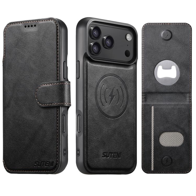 Suteni Q05S5 Custodia per telefono 3 in 1 con apribottiglie staccabile, porta carte magnetico in pelle bovina vegana, For iPhone 17 Pro Max, For iPhone 17 Pro, For iPhone 17, For iPhone Air, For iPhone 16 Pro Max, For iPhone 16 Pro, For iPhone 16 Plus