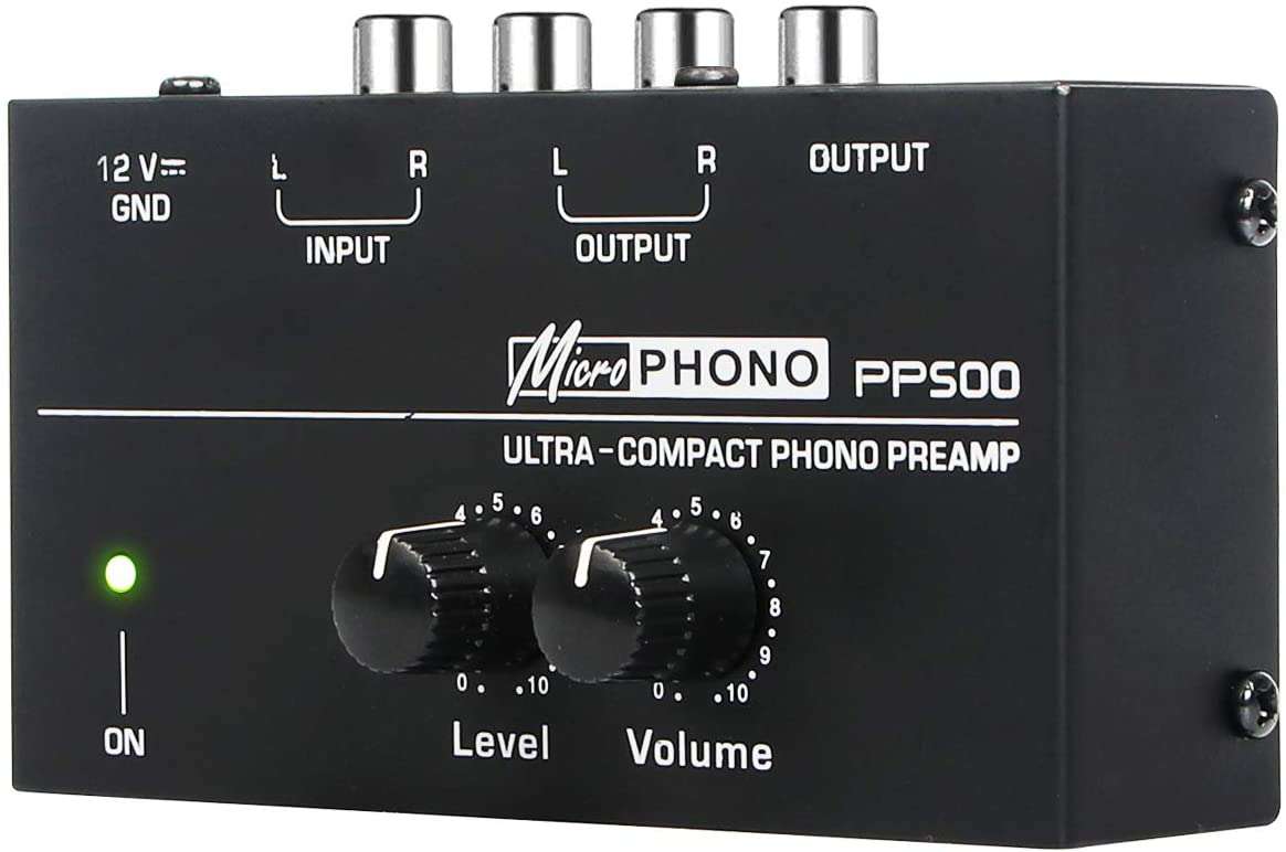 Preamplificatore per giradischi con controlli livello e volume