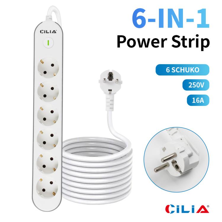 CILIA 6-Outlet Power Strip with Switch, Surge Protection, Hidden Cable Compartment, 3680 W, 250 V, 1.5 m Cable, White – Living Room, Kitchen, Bedroom