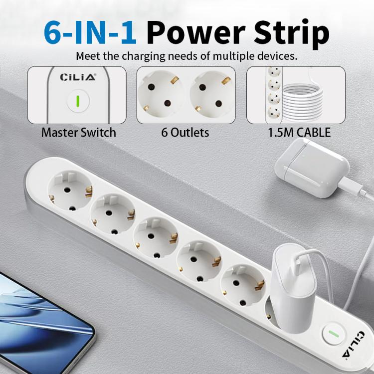 CILIA 6-Outlet Power Strip with Switch, Surge Protection, Hidden Cable Compartment, 3680 W, 250 V, 1.5 m Cable, White – Living Room, Kitchen, Bedroom