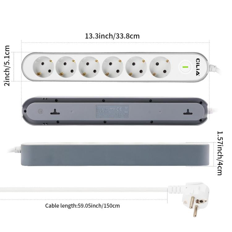 CILIA 6-Outlet Power Strip with Switch, Surge Protection, Hidden Cable Compartment, 3680 W, 250 V, 1.5 m Cable, White – Living Room, Kitchen, Bedroom