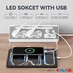 Multipresa angolare a 90° CILIA con 4 prese Schuko, 2 porte USB-C + 1 porta USB-A, protezione da sovratensioni, luce LED, interruttore ON/OFF, 3680W 16A, cavo da 1,5 m – Per cucina, ufficio e casa