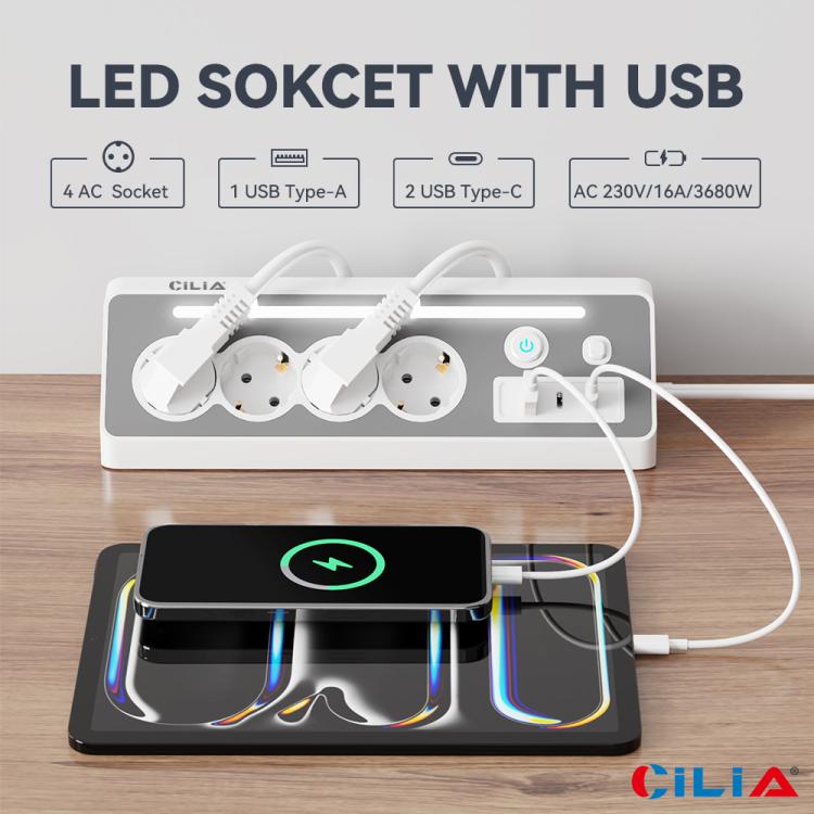 Multipresa angolare a 90° CILIA con 4 prese Schuko, 2 porte USB-C + 1 porta USB-A, protezione da sovratensioni, luce LED, interruttore ON/OFF, 3680W 16A, cavo da 1,5 m – Per cucina, ufficio e casa