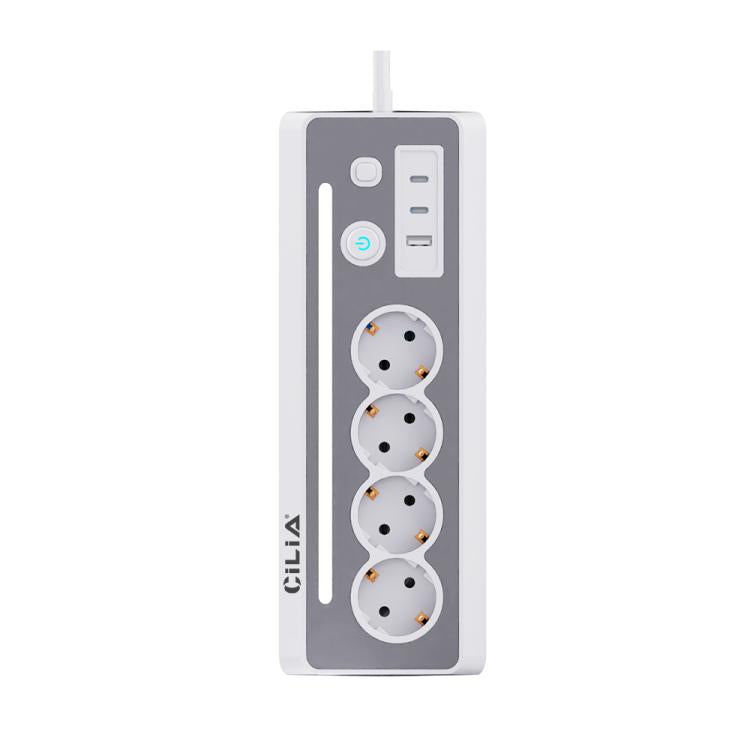 Multipresa angolare a 90° CILIA con 4 prese Schuko, 2 porte USB-C + 1 porta USB-A, protezione da sovratensioni, luce LED, interruttore ON/OFF, 3680W 16A, cavo da 1,5 m – Per cucina, ufficio e casa
