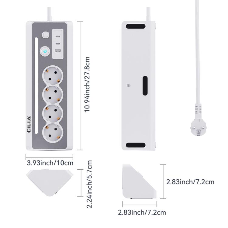 Multipresa angolare a 90° CILIA con 4 prese Schuko, 2 porte USB-C + 1 porta USB-A, protezione da sovratensioni, luce LED, interruttore ON/OFF, 3680W 16A, cavo da 1,5 m – Per cucina, ufficio e casa
