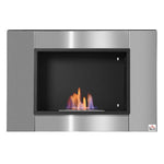 Wall-mounted/recessed bioethanol fireplace, 0.9 L burner, approx. 3-hour burn time, 80W x 14D x 54H cm, covers 25–30 square meter, stainless steel.