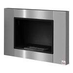 Wall-mounted/recessed bioethanol fireplace, 0.9 L burner, approx. 3-hour burn time, 80W x 14D x 54H cm, covers 25–30 square meter, stainless steel.