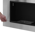 Wall-mounted/recessed bioethanol fireplace, 0.9 L burner, approx. 3-hour burn time, 80W x 14D x 54H cm, covers 25–30 square meter, stainless steel.