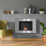 Wall-mounted/recessed bioethanol fireplace, 0.9 L burner, approx. 3-hour burn time, 80W x 14D x 54H cm, covers 25–30 square meter, stainless steel.