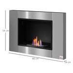 Wall-mounted/recessed bioethanol fireplace, 0.9 L burner, approx. 3-hour burn time, 80W x 14D x 54H cm, covers 25–30 square meter, stainless steel.