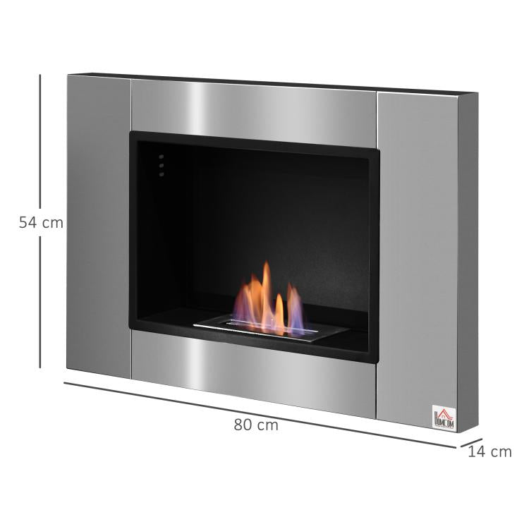 Wall-mounted/recessed bioethanol fireplace, 0.9 L burner, approx. 3-hour burn time, 80W x 14D x 54H cm, covers 25–30 square meter, stainless steel.