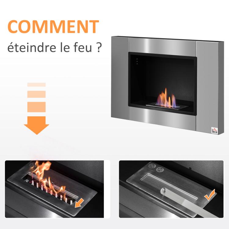 Wall-mounted/recessed bioethanol fireplace, 0.9 L burner, approx. 3-hour burn time, 80W x 14D x 54H cm, covers 25–30 square meter, stainless steel.