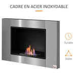 Wall-mounted/recessed bioethanol fireplace, 0.9 L burner, approx. 3-hour burn time, 80W x 14D x 54H cm, covers 25–30 square meter, stainless steel.
