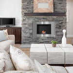 Wall-mounted/recessed bioethanol fireplace, 0.9 L burner, approx. 3-hour burn time, 80W x 14D x 54H cm, covers 25–30 square meter, stainless steel.
