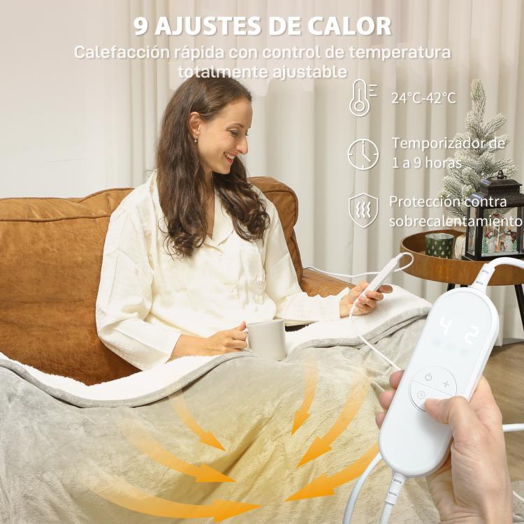 Electric Blanket 180x130 cm, 9 Temperature Levels, Timer, Machine Washable, LED Display, Grey