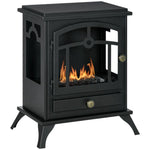 Freestanding bioethanol fireplace, 1.2L burner, approximately 3 hours of burn time. Dimensions: 45L x 28W x 54H cm. Black steel.