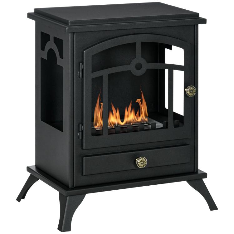 Freestanding bioethanol fireplace, 1.2L burner, approximately 3 hours of burn time. Dimensions: 45L x 28W x 54H cm. Black steel.