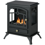 Freestanding bioethanol fireplace, 1.2L burner, approximately 3 hours of burn time. Dimensions: 45L x 28W x 54H cm. Black steel.
