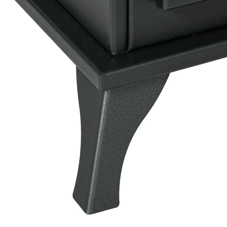 Freestanding bioethanol fireplace, 1.2L burner, approximately 3 hours of burn time. Dimensions: 45L x 28W x 54H cm. Black steel.