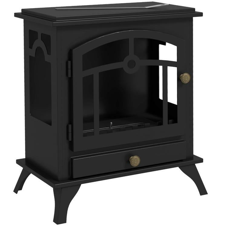 Freestanding bioethanol fireplace, 1.2L burner, approximately 3 hours of burn time. Dimensions: 45L x 28W x 54H cm. Black steel.