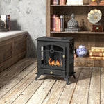 Freestanding bioethanol fireplace, 1.2L burner, approximately 3 hours of burn time. Dimensions: 45L x 28W x 54H cm. Black steel.