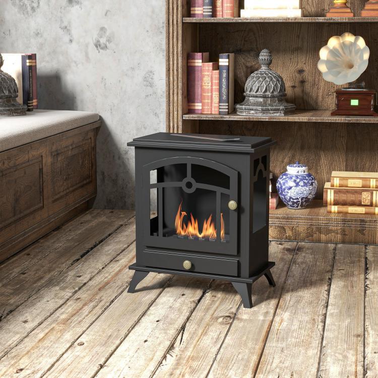 Freestanding bioethanol fireplace, 1.2L burner, approximately 3 hours of burn time. Dimensions: 45L x 28W x 54H cm. Black steel.