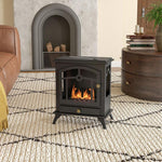 Freestanding bioethanol fireplace, 1.2L burner, approximately 3 hours of burn time. Dimensions: 45L x 28W x 54H cm. Black steel.