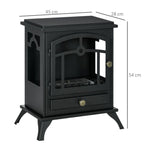 Freestanding bioethanol fireplace, 1.2L burner, approximately 3 hours of burn time. Dimensions: 45L x 28W x 54H cm. Black steel.
