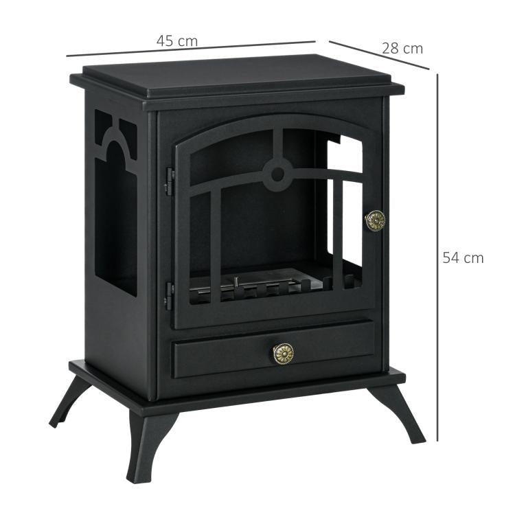 Freestanding bioethanol fireplace, 1.2L burner, approximately 3 hours of burn time. Dimensions: 45L x 28W x 54H cm. Black steel.