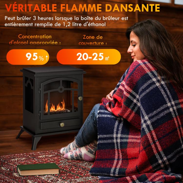 Freestanding bioethanol fireplace, 1.2L burner, approximately 3 hours of burn time. Dimensions: 45L x 28W x 54H cm. Black steel.