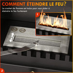 Freestanding bioethanol fireplace, 1.2L burner, approximately 3 hours of burn time. Dimensions: 45L x 28W x 54H cm. Black steel.