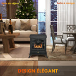 Freestanding bioethanol fireplace, 1.2L burner, approximately 3 hours of burn time. Dimensions: 45L x 28W x 54H cm. Black steel.