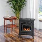 Freestanding bioethanol fireplace, 1.2L burner, approximately 3 hours of burn time. Dimensions: 45L x 28W x 54H cm. Black steel.
