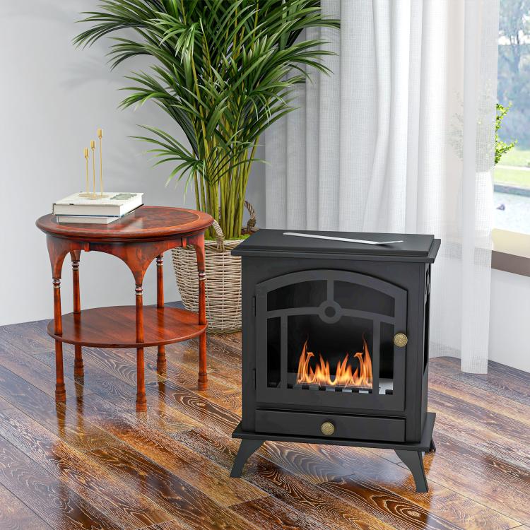 Freestanding bioethanol fireplace, 1.2L burner, approximately 3 hours of burn time. Dimensions: 45L x 28W x 54H cm. Black steel.