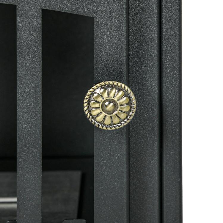 Freestanding bioethanol fireplace, 1.2L burner, approximately 3 hours of burn time. Dimensions: 45L x 28W x 54H cm. Black steel.
