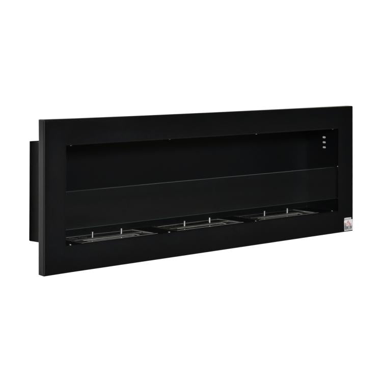 Wall-mounted/recessed bioethanol fireplace, 3 burners (3 L total), approx. 3-hour burn time, black stainless steel.