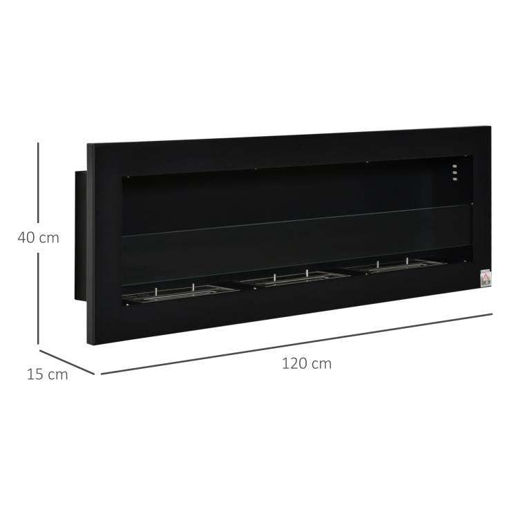 Wall-mounted/recessed bioethanol fireplace, 3 burners (3 L total), approx. 3-hour burn time, black stainless steel.