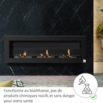 Wall-mounted/recessed bioethanol fireplace, 3 burners (3 L total), approx. 3-hour burn time, black stainless steel.
