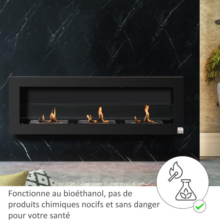 Wall-mounted/recessed bioethanol fireplace, 3 burners (3 L total), approx. 3-hour burn time, black stainless steel.