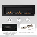 Wall-mounted/recessed bioethanol fireplace, 3 burners (3 L total), approx. 3-hour burn time, black stainless steel.