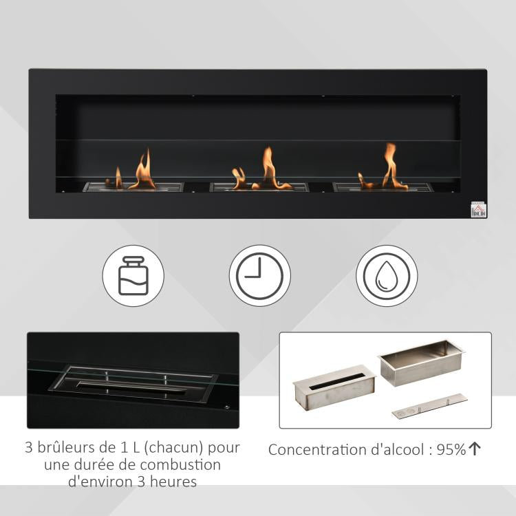 Wall-mounted/recessed bioethanol fireplace, 3 burners (3 L total), approx. 3-hour burn time, black stainless steel.