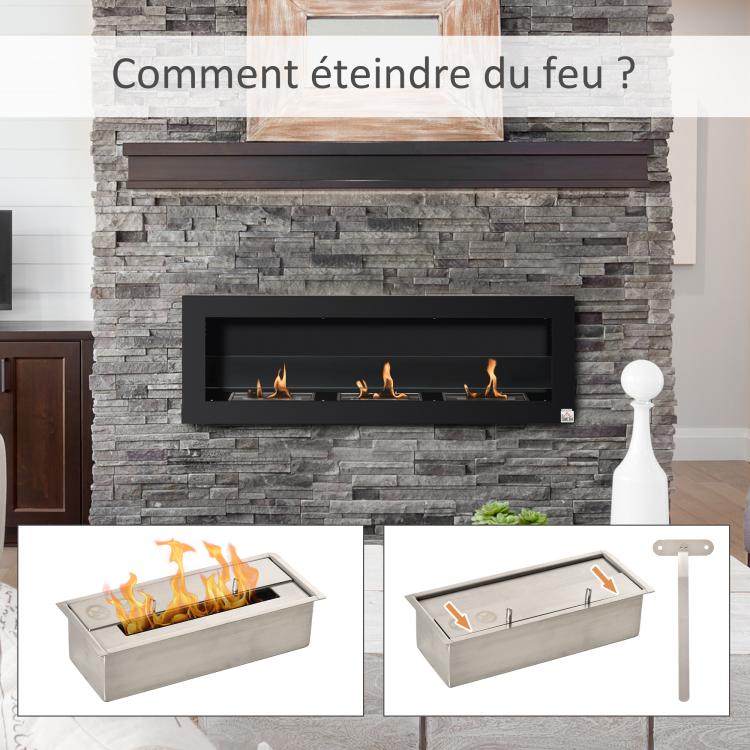Wall-mounted/recessed bioethanol fireplace, 3 burners (3 L total), approx. 3-hour burn time, black stainless steel.