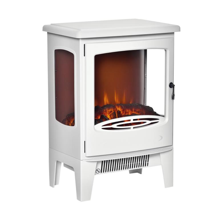 Neo-retro style electric stove fireplace, 900–1800 W, LED flame simulation with adjustable brightness, steel and ABS, white.