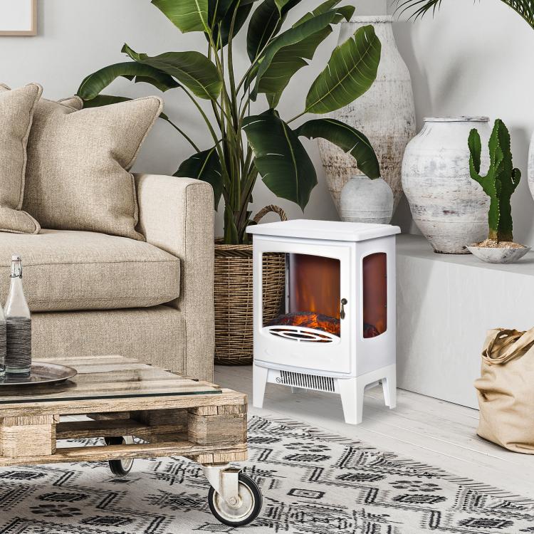 Neo-retro style electric stove fireplace, 900–1800 W, LED flame simulation with adjustable brightness, steel and ABS, white.