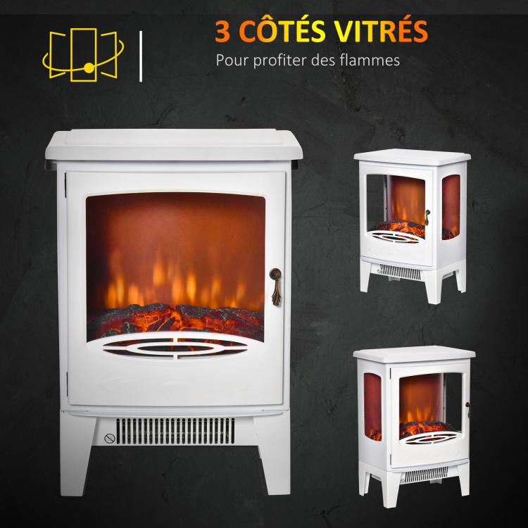 Neo-retro style electric stove fireplace, 900–1800 W, LED flame simulation with adjustable brightness, steel and ABS, white.