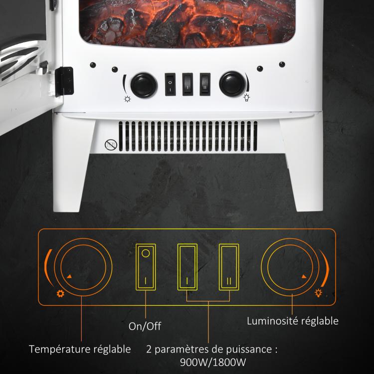 Neo-retro style electric stove fireplace, 900–1800 W, LED flame simulation with adjustable brightness, steel and ABS, white.