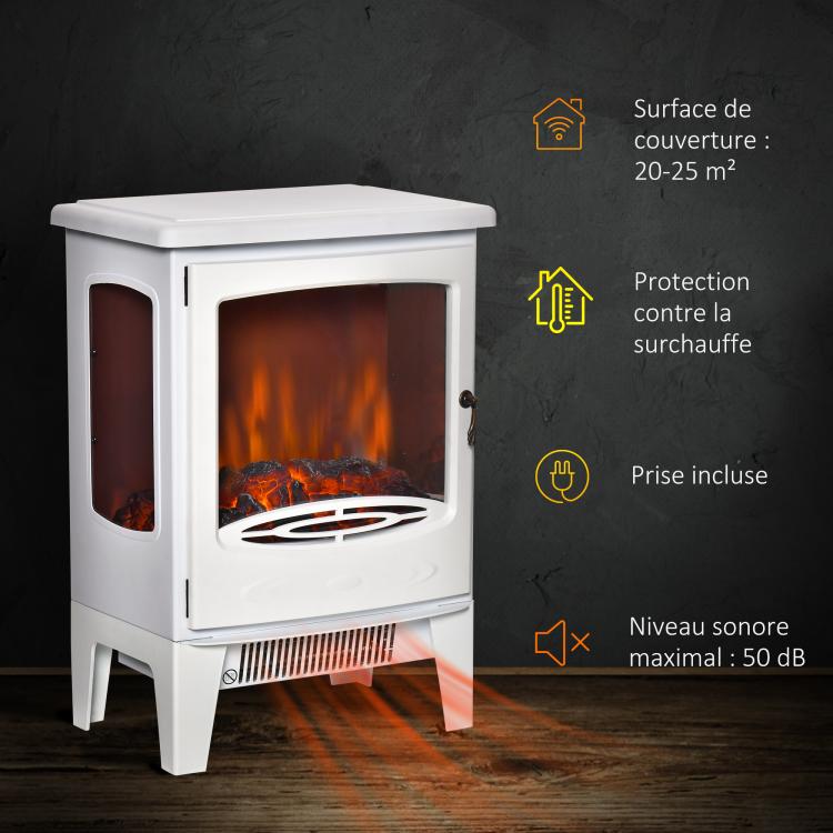 Neo-retro style electric stove fireplace, 900–1800 W, LED flame simulation with adjustable brightness, steel and ABS, white.